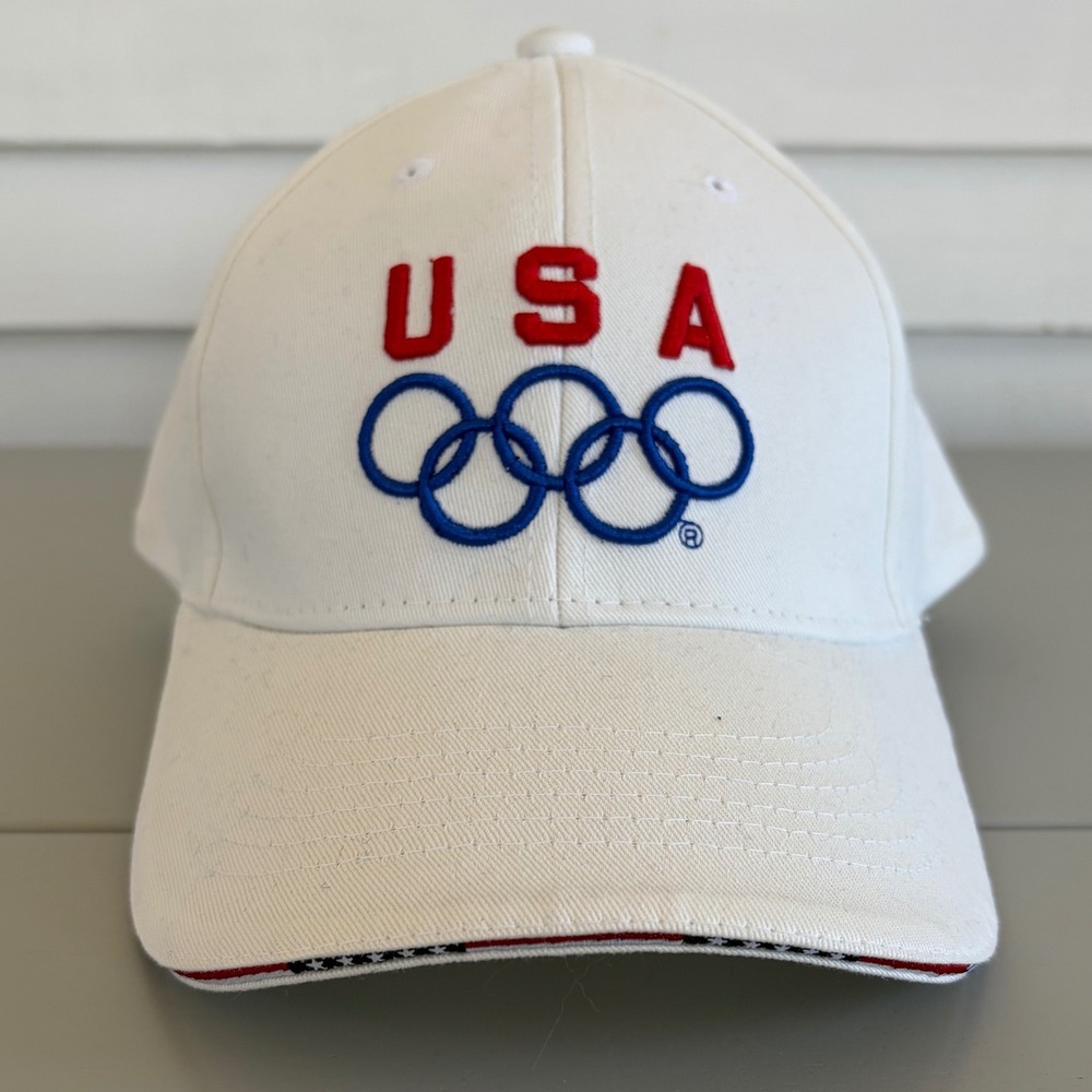 USA Olympics Baseball Cap White Embroidered Rings Adjustable Hat Patriotic